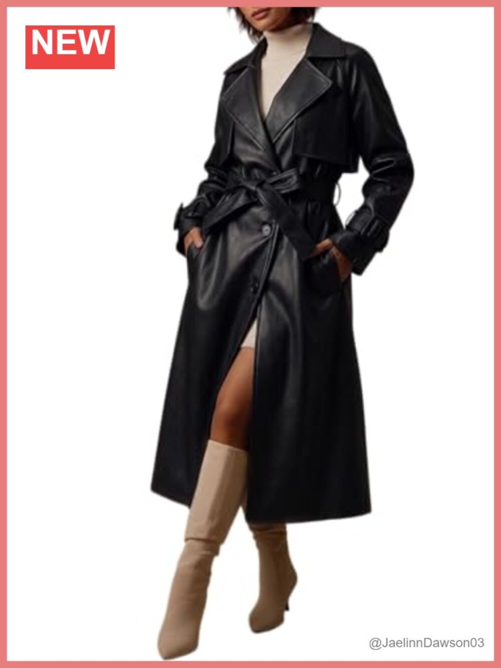 Faux Leather Classic Lapel Belted Trench Coat Loose Fit